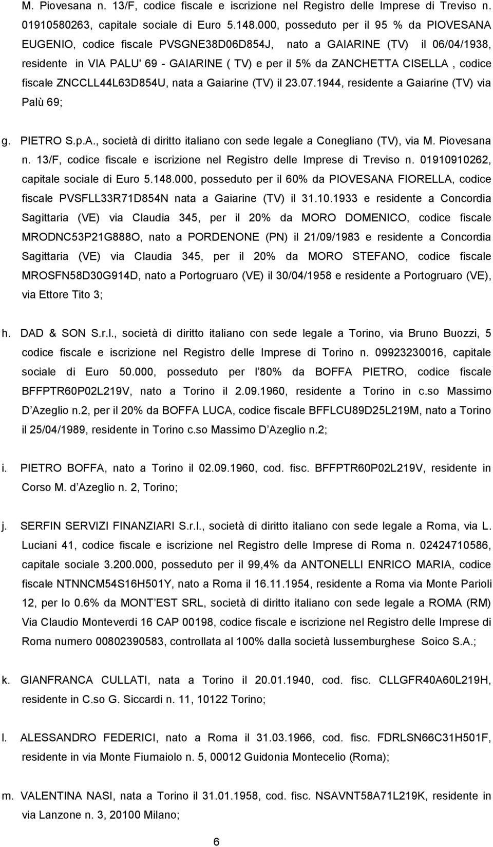 codice fiscale ZNCCLL44L63D854U, nata a Gaiarine (TV) il 23.07.1944, residente a Gaiarine (TV) via Palù 69; g. PIETRO S.p.A., società di diritto italiano con sede legale a Conegliano (TV), via M.