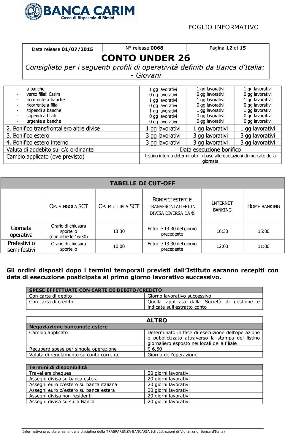 Bonifico estero interno 3 gg lavorativi 3 gg lavorativi 3 gg lavorativi Valuta di addebito sul c/c ordinante Data esecuzione bonifico Cambio applicato (ove previsto) Listino interno determinato in