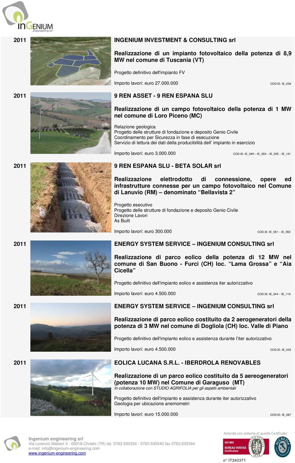 IE_036 2011 9 REN ASSET - 9 REN ESPANA SLU Realizzazione di un campo fotovoltaico della potenza di 1 MW nel comune di Loro Piceno (MC) Relazione geologica Progetto delle strutture di fondazione e