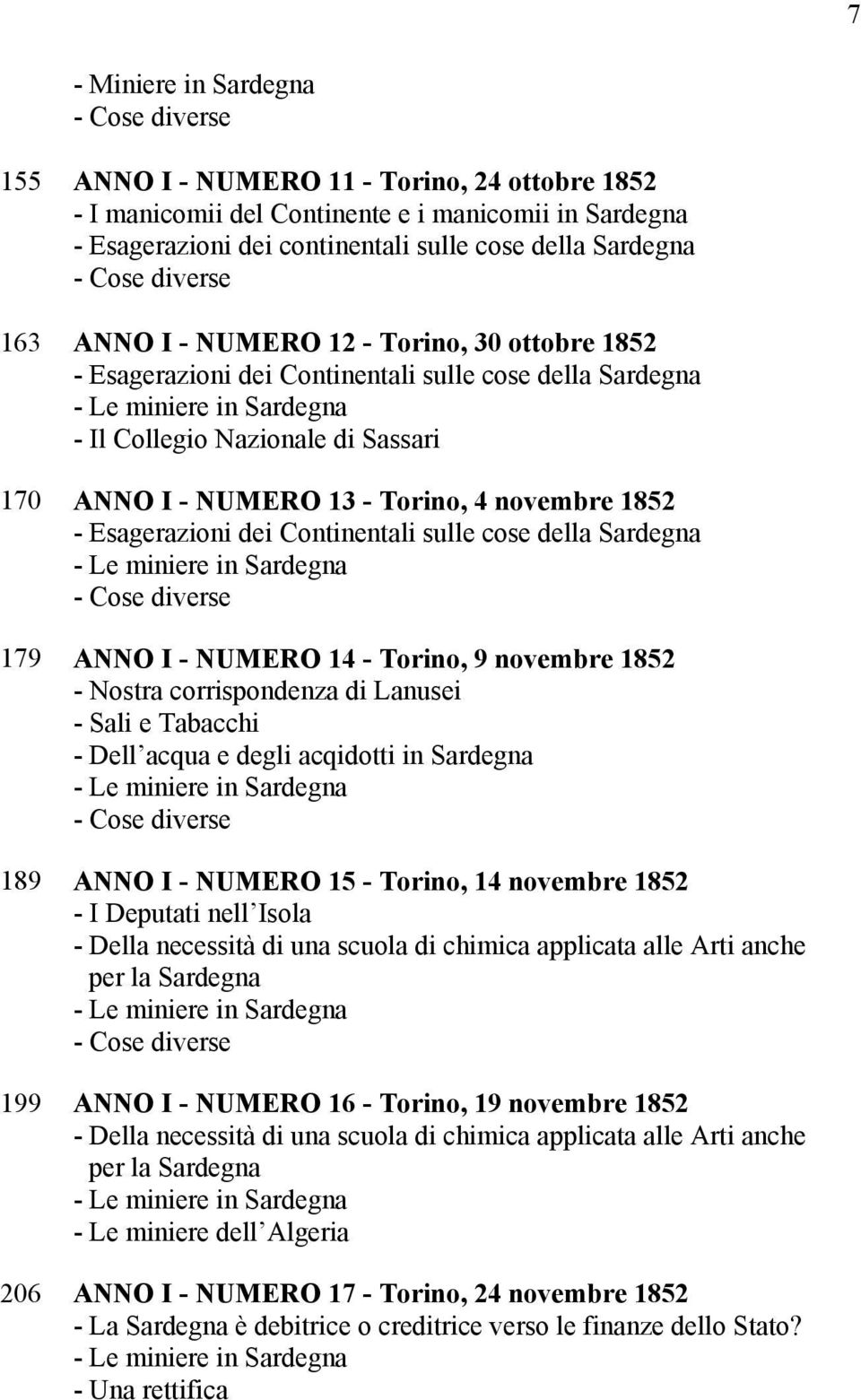 I - NUMERO 13 - Torino, 4 novembre 1852 - Esagerazioni dei Continentali sulle cose della Sardegna - Le miniere in Sardegna - Cose diverse 179 ANNO I - NUMERO 14 - Torino, 9 novembre 1852 - Nostra