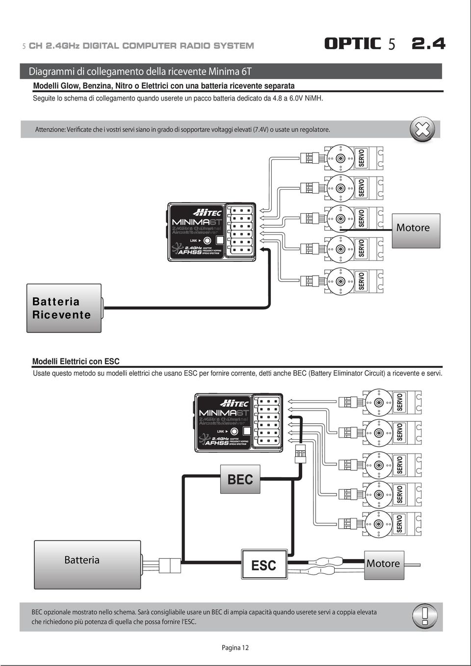 4GHz 6 Channel Aircraft Receiver Motore Batteria Ricevente Modelli Elettrici con ESC Usate questo metodo su modelli elettrici che usano ESC per fornire corrente, detti anche BEC (Battery Eliminator