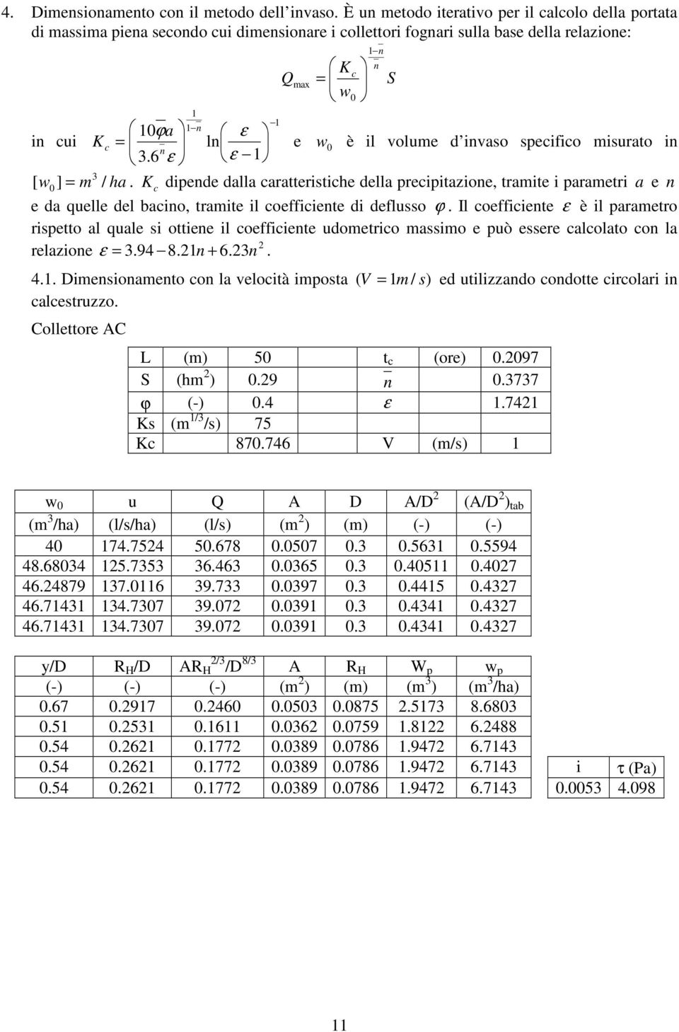 6 e w n 0 è il volume d invaso specifico misurato in ε ε 1 3 [ w 0 ] = m / ha.