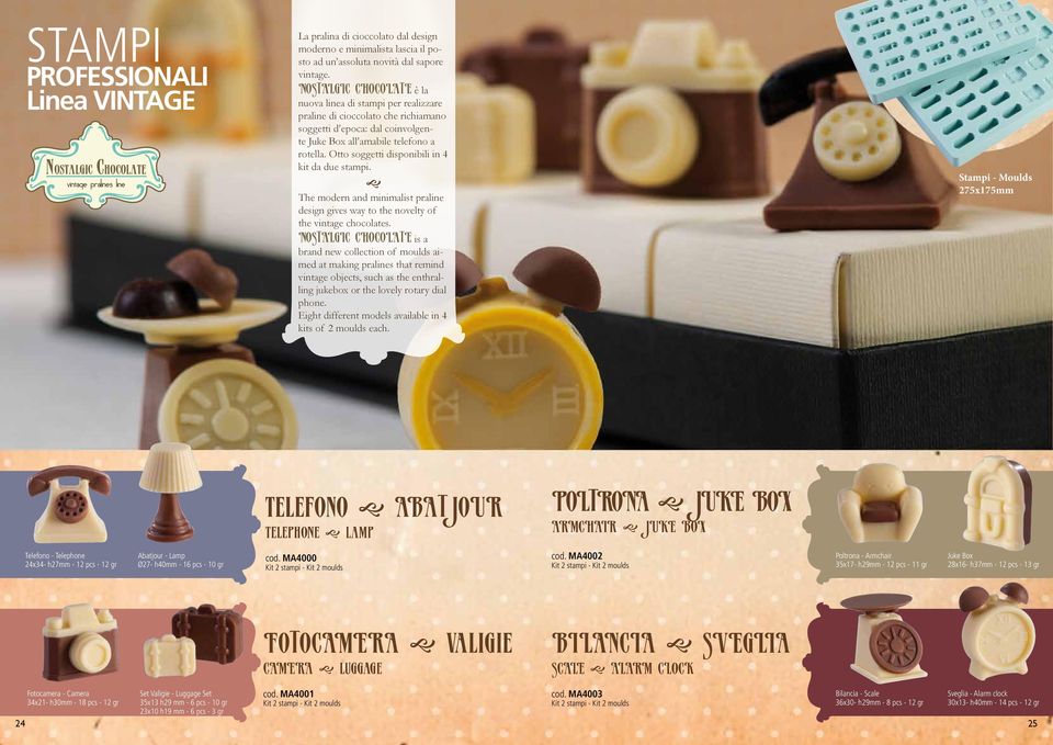 Otto soggetti disponibili in 4 kit da due stampi. g The modern and minimalist praline design gives way to the novelty of the vintage chocolates.