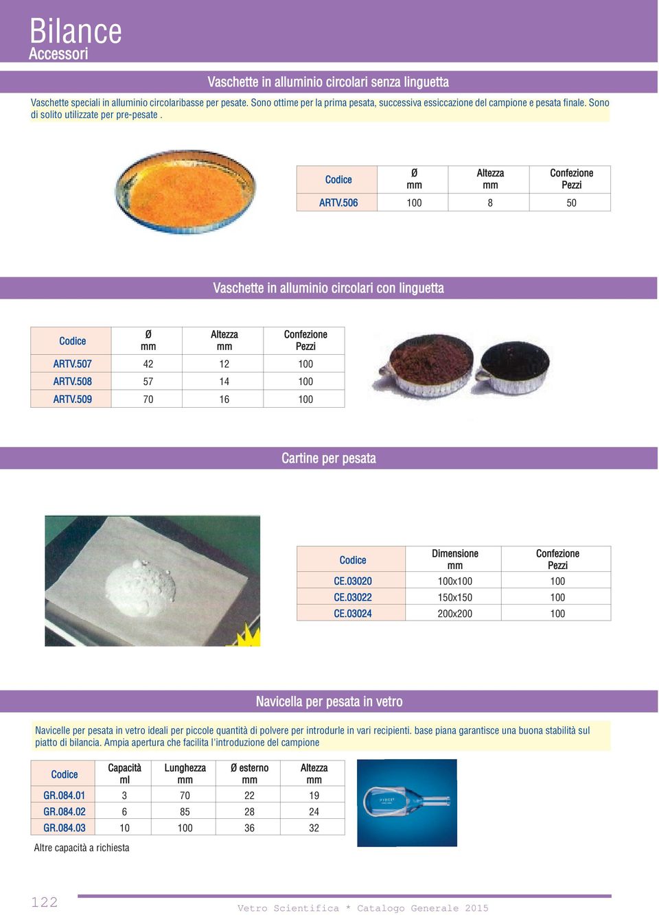 506 100 8 50 Vaschette in alluminio circolari con linguetta Ø Confezione Pezzi ARTV.507 42 12 100 ARTV.508 57 14 100 ARTV.509 70 16 100 Cartine per pesata Dimensione Confezione Pezzi CE.