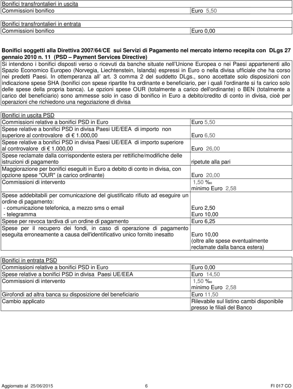 11 (PSD Payment Services Directive) Si intendono i bonifici disposti verso o ricevuti da banche situate nell Unione Europea o nei Paesi appartenenti allo Spazio Economico Europeo (Norvegia,