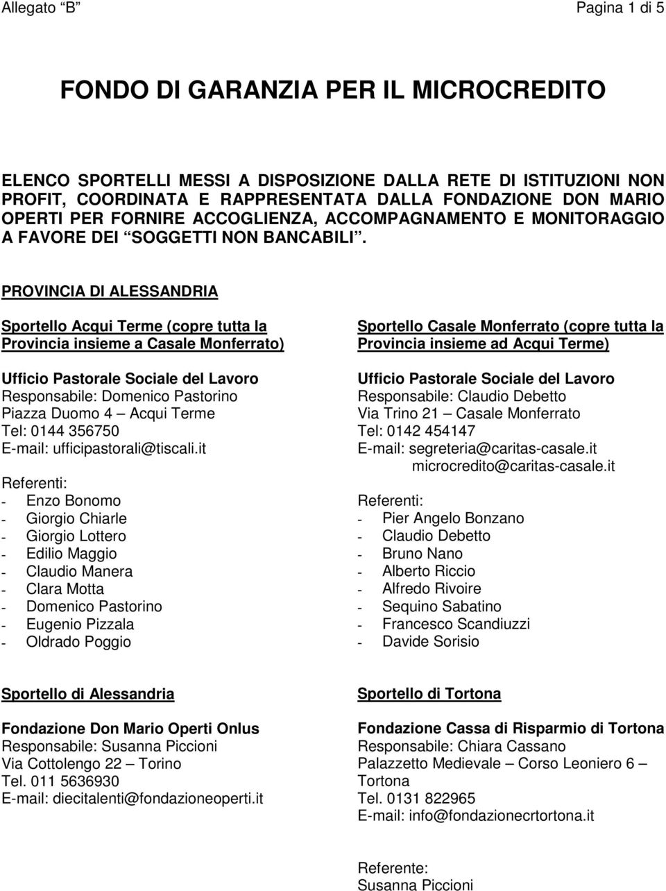 PROVINCIA DI ALESSANDRIA Sportello Acqui Terme (copre tutta la Provincia insieme a Casale Monferrato) Ufficio Pastorale Sociale del Lavoro Responsabile: Domenico Pastorino Piazza Duomo 4 Acqui Terme