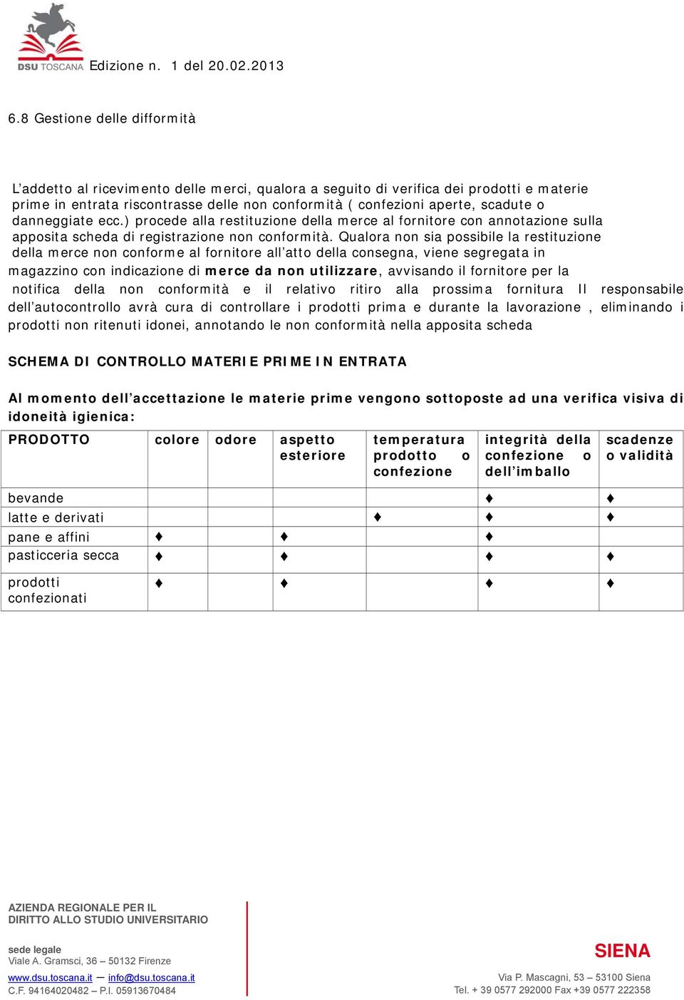 Qualora non sia possibile la restituzione della merce non conforme al fornitore all atto della consegna, viene segregata in magazzino con indicazione di merce da non utilizzare, avvisando il