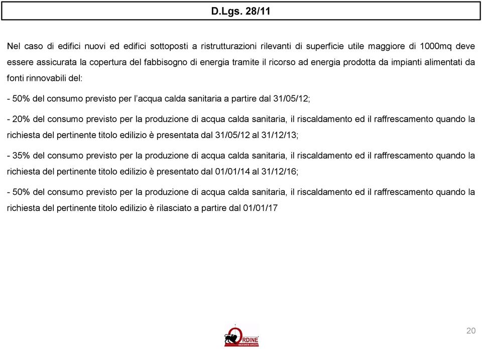 ad energia prodotta da impianti alimentati da fonti rinnovabili del: - 50% del consumo previsto per l acqua calda sanitaria a partire dal 3/05/2; - 20% del consumo previsto per la produzione di acqua