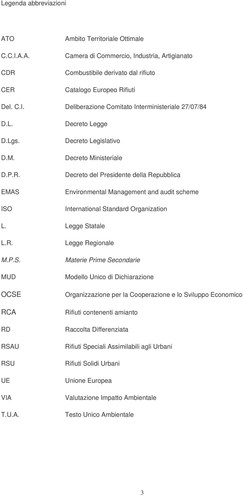 EMAS ISO Decreto Legge Decreto Legislativo Decreto Ministeriale Decreto del Presidente della Repubblica Environmental Management and audit scheme International Standard Organization L.