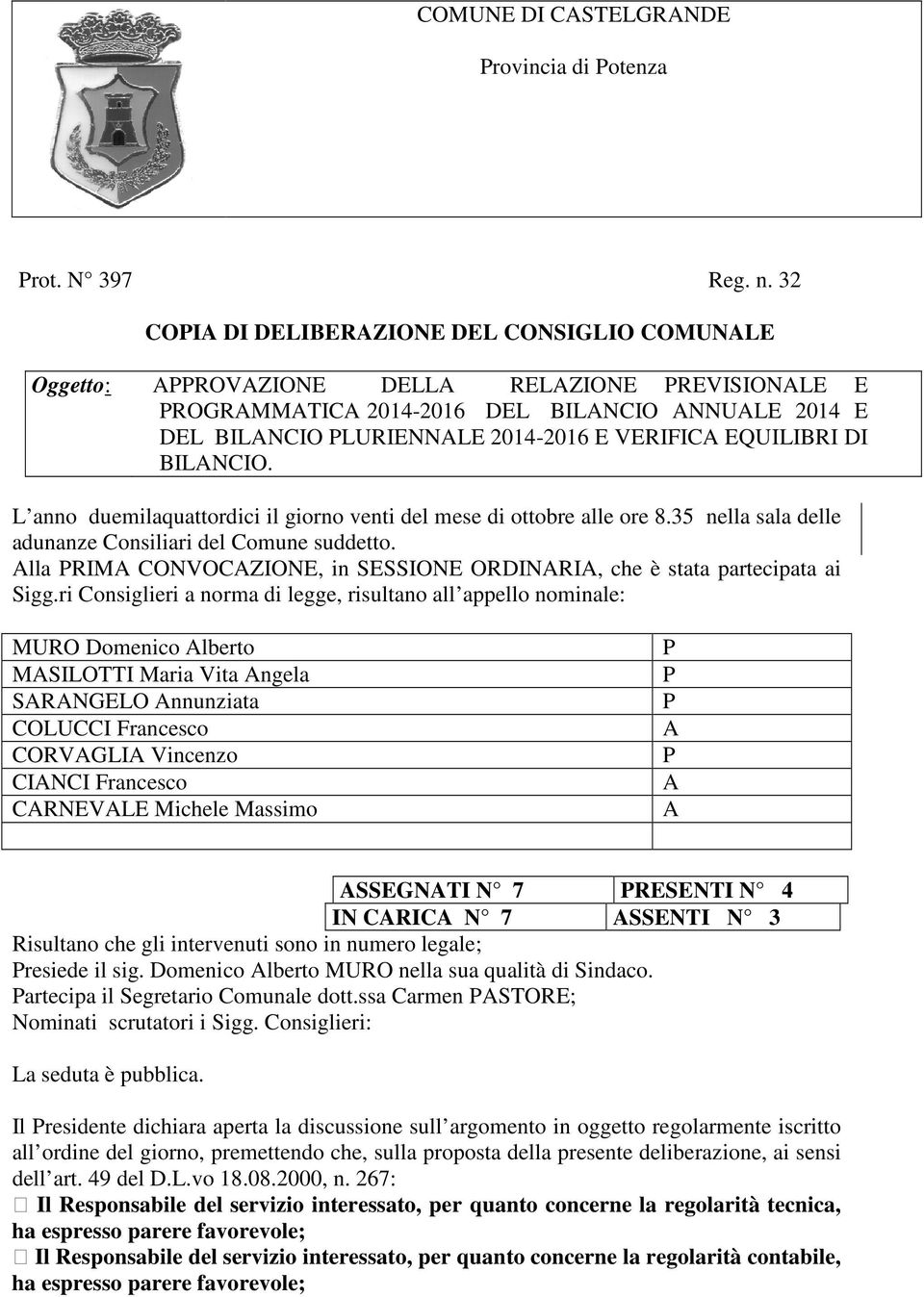 EQUILIBRI DI BILANCIO. L anno duemilaquattordici il giorno venti del mese di ottobre alle ore 8.35 nella sala delle adunanze Consiliari del Comune suddetto.