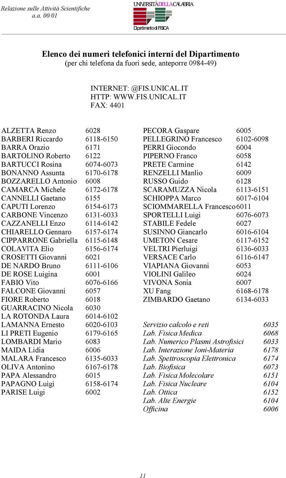 IT FAX: 4401 ALZETTA Renzo 6028 PECORA Gaspare 6005 BARBERI Riccardo 6118-6150 PELLEGRINO Francesco 6102-6098 BARRA Orazio 6171 PERRI Giocondo 6004 BARTOLlNO Roberto 6122 PIPERNO Franco 6058 BARTUCCI