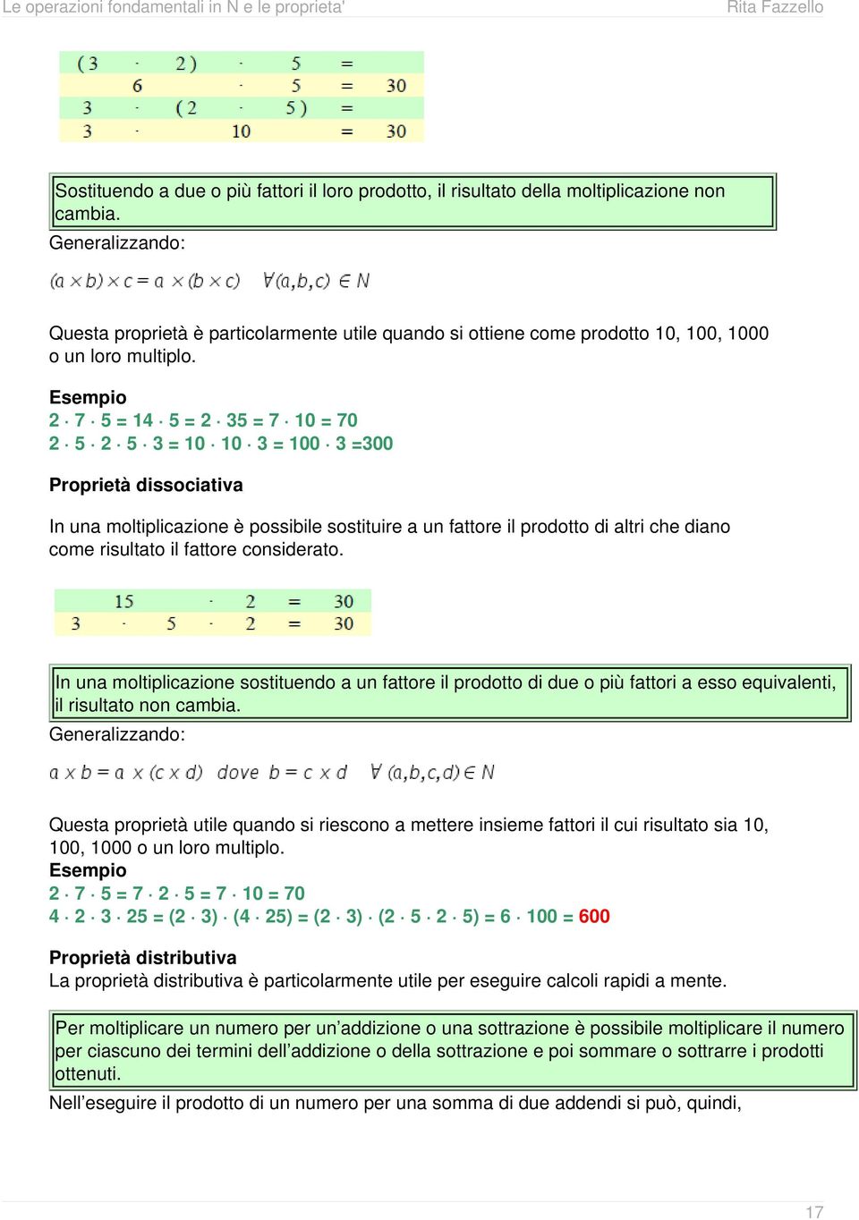 Esempio 2 7 5 = 14 5 = 2 35 = 7 10 = 70 2 5 2 5 3 = 10 10 3 = 100 3 =300 Proprietà dissociativa In una moltiplicazione è possibile sostituire a un fattore il prodotto di altri che diano come