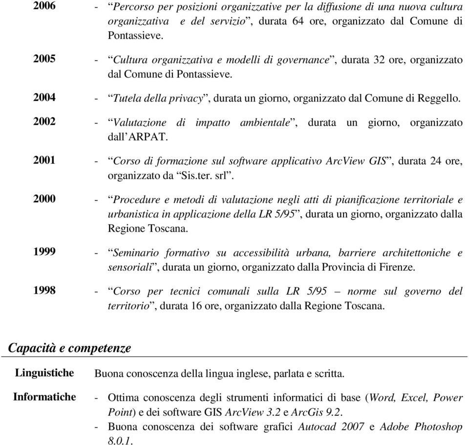 2002 - Valutazione di impatto ambientale, durata un giorno, organizzato dall ARPAT. 2001 - Corso di formazione sul software applicativo ArcView GIS, durata 24 ore, organizzato da Sis.ter. srl.