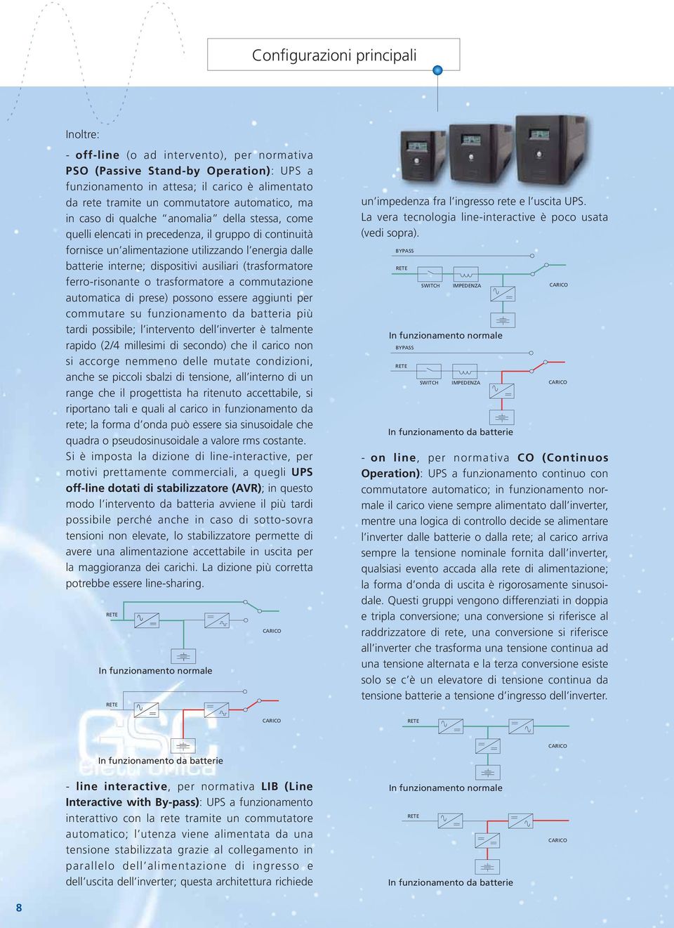 dispositivi ausiliari (trasformatore ferro-risonante o trasformatore a commutazione automatica di prese) possono essere aggiunti per commutare su funzionamento da batteria più tardi possibile; l