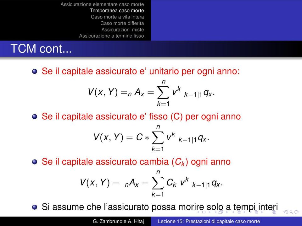 1q x. k=1 Se il capitale assicurato e fisso (C) per ogni anno n V(x, Y) = C v k k 1