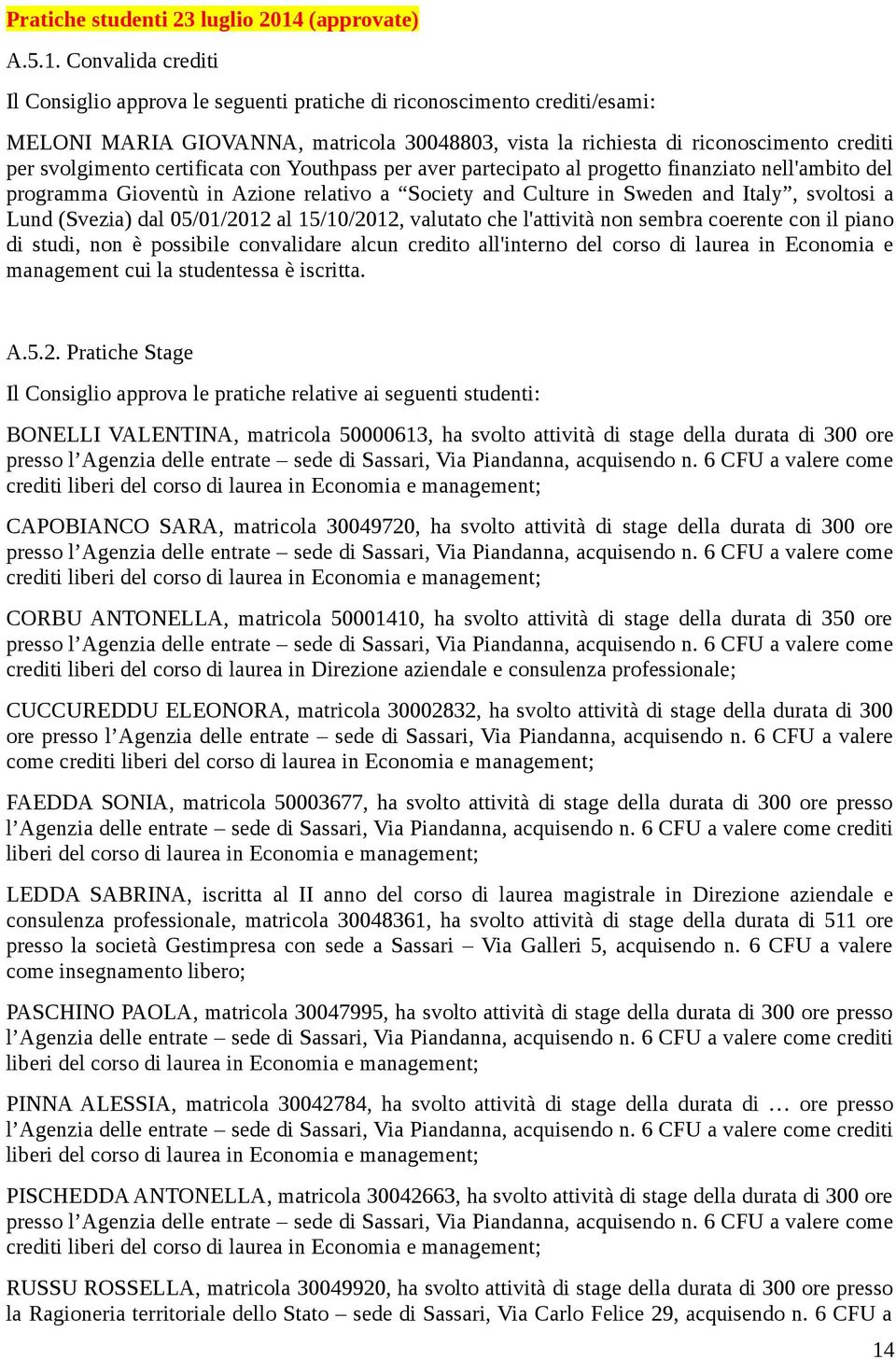 Convalida crediti Il Consiglio approva le seguenti pratiche di riconoscimento crediti/esami: MELONI MARIA GIOVANNA, matricola 30048803, vista la richiesta di riconoscimento crediti per svolgimento