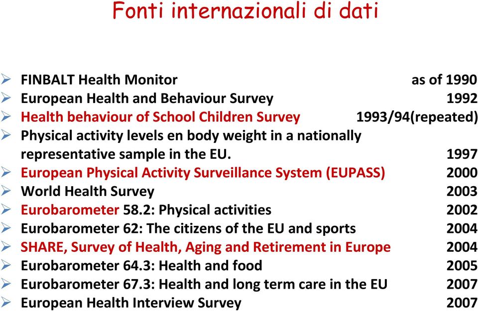 1997 European Physical Activity Surveillance System (EUPASS) 2000 World Health Survey 2003 Eurobarometer 58.