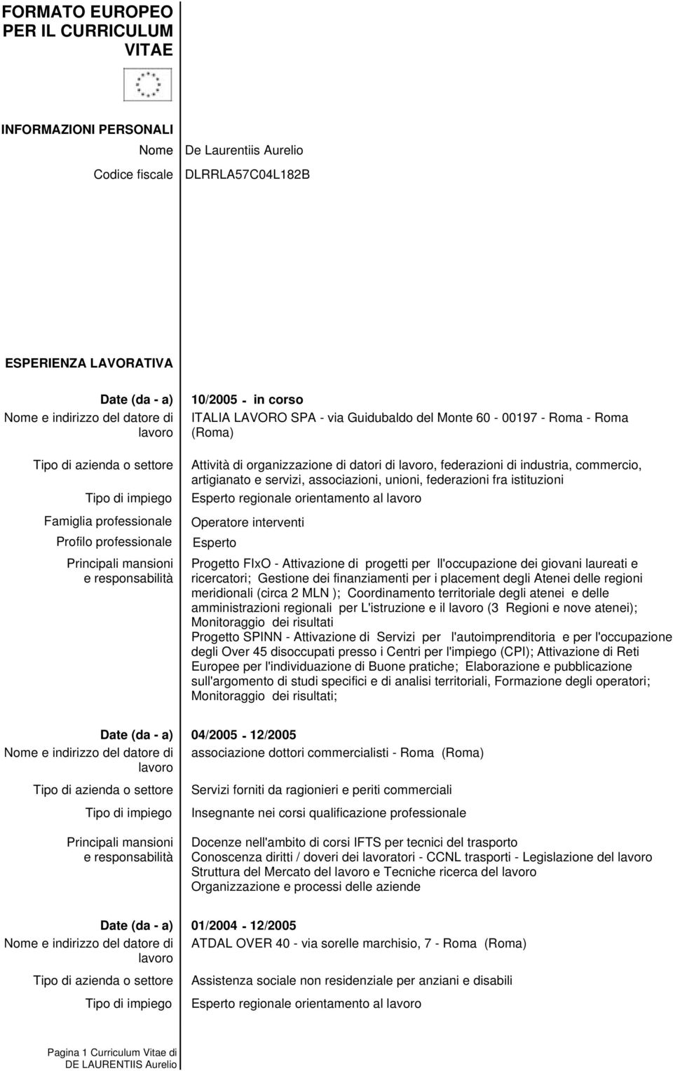 unioni, federazioni fra istituzioni Esperto regionale orientamento al Operatore interventi Esperto Progetto FIxO - Attivazione di progetti per ll'occupazione dei giovani laureati e ricercatori;