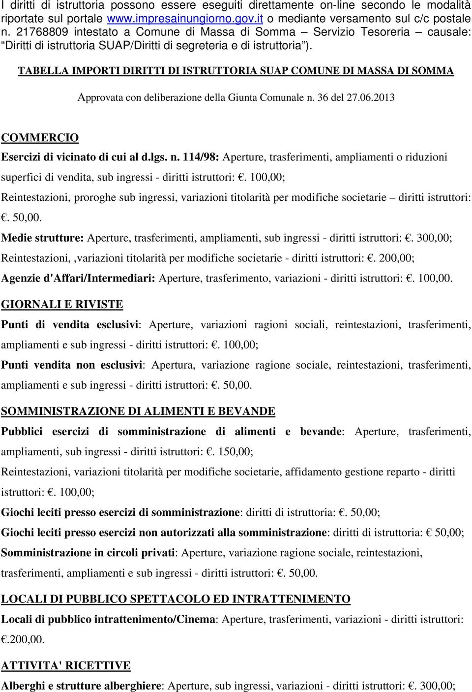 TABELLA IMPORTI SUAP COMUNE DI MASSA DI SOMMA Approvata con deliberazione della Giunta Comunale n.