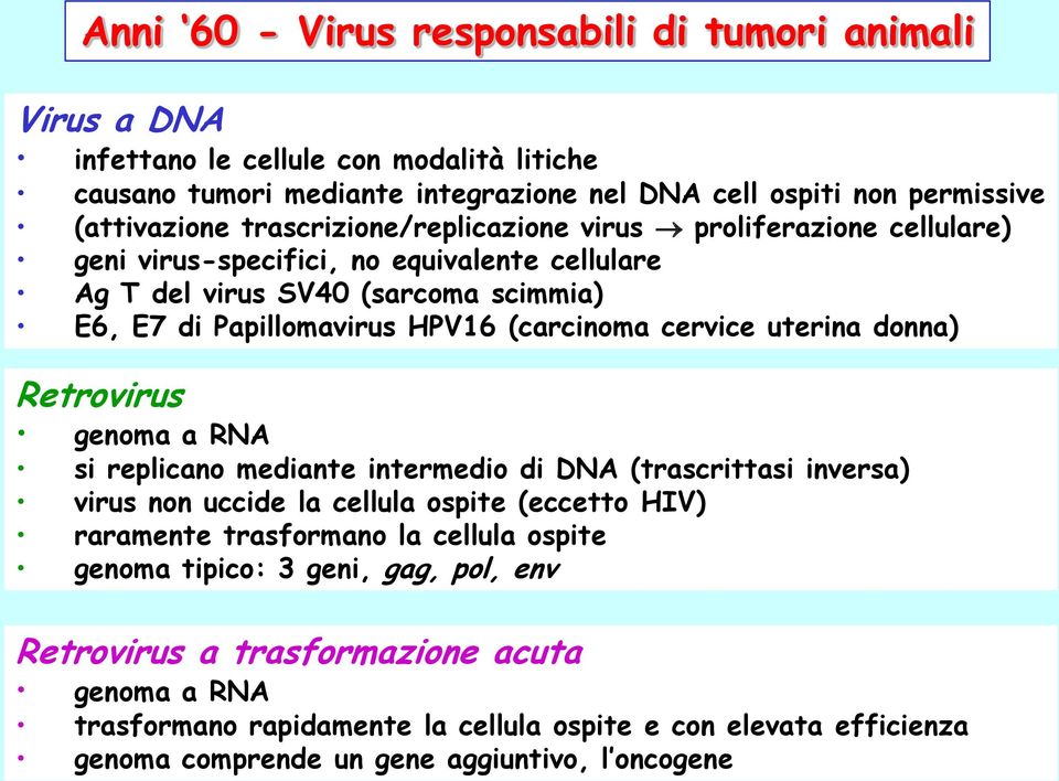 cervice uterina donna) Retrovirus genoma a RNA si replicano mediante intermedio di DNA (trascrittasi inversa) virus non uccide la cellula ospite (eccetto HIV) raramente trasformano la cellula