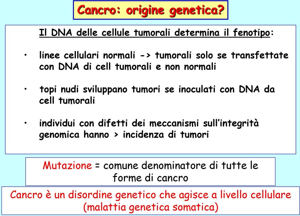 di cell tumorali e non normali topi nudi sviluppano tumori se inoculati con DNA da cell tumorali individui con difetti