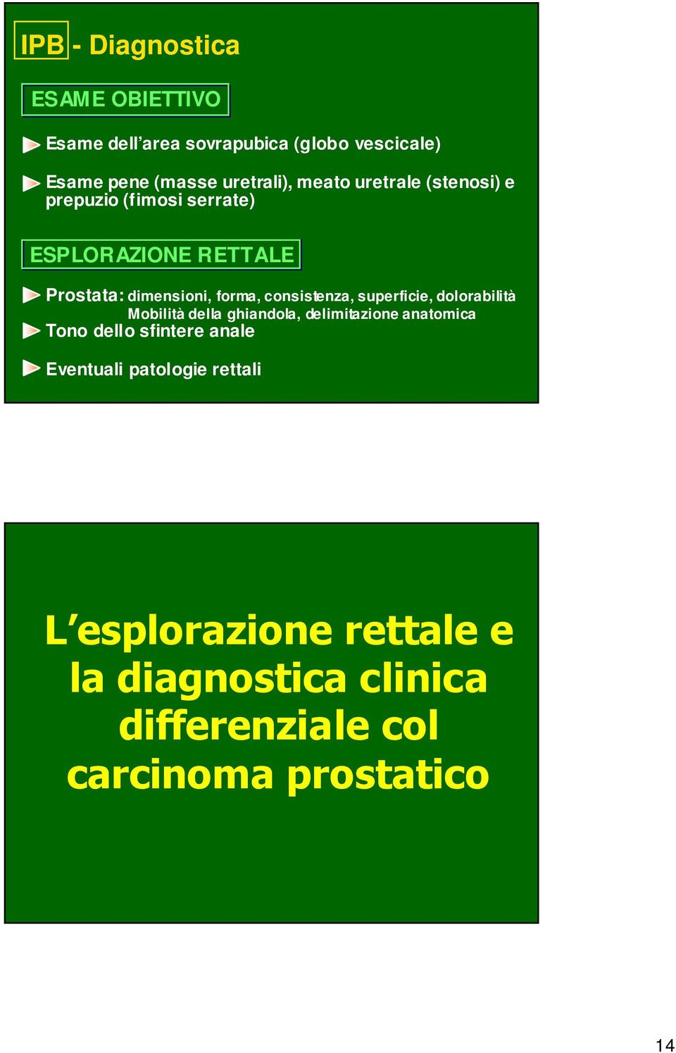 consistenza, superficie, dolorabilità Mobilità della ghiandola, delimitazione anatomica Tono dello sfintere