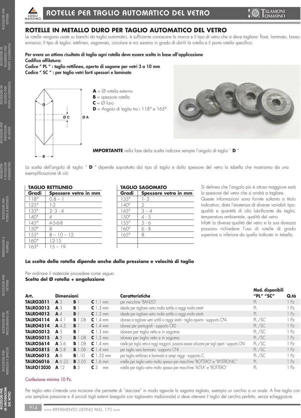 Per avere un ottimo risultato di taglio ogni rotella deve essere scelta in base all applicazione Codifica affilatura: Codice PL : taglio rettilineo, aperto di sagome per vetri 3 a 10 mm Codice SC :