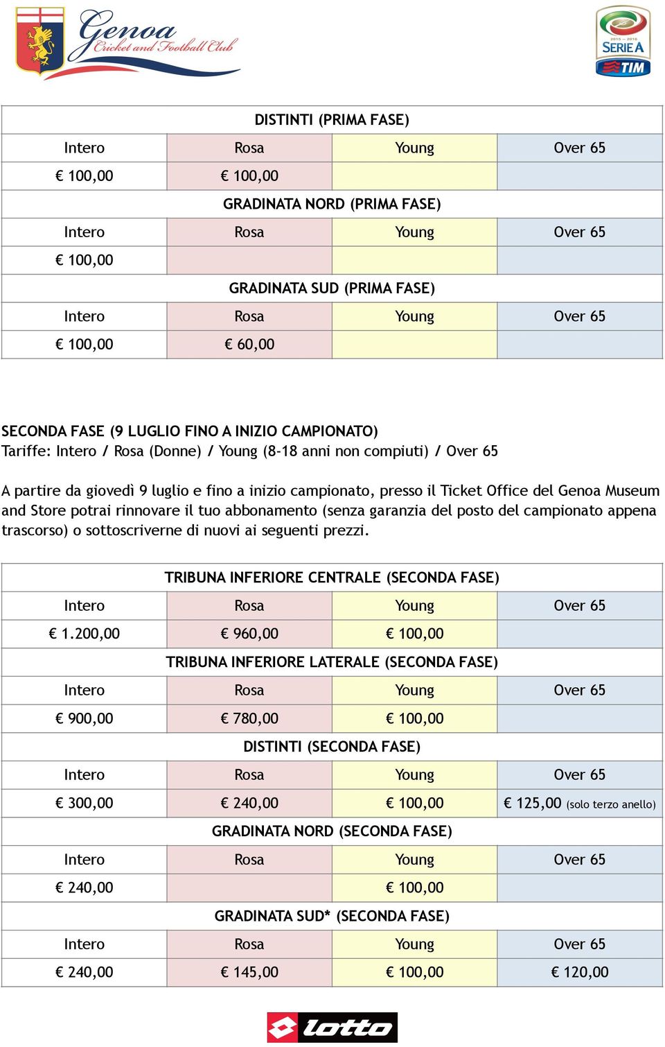 garanzia del posto del campionato appena trascorso) o sottoscriverne di nuovi ai seguenti prezzi. TRIBUNA INFERIORE CENTRALE (SECONDA FASE) 1.