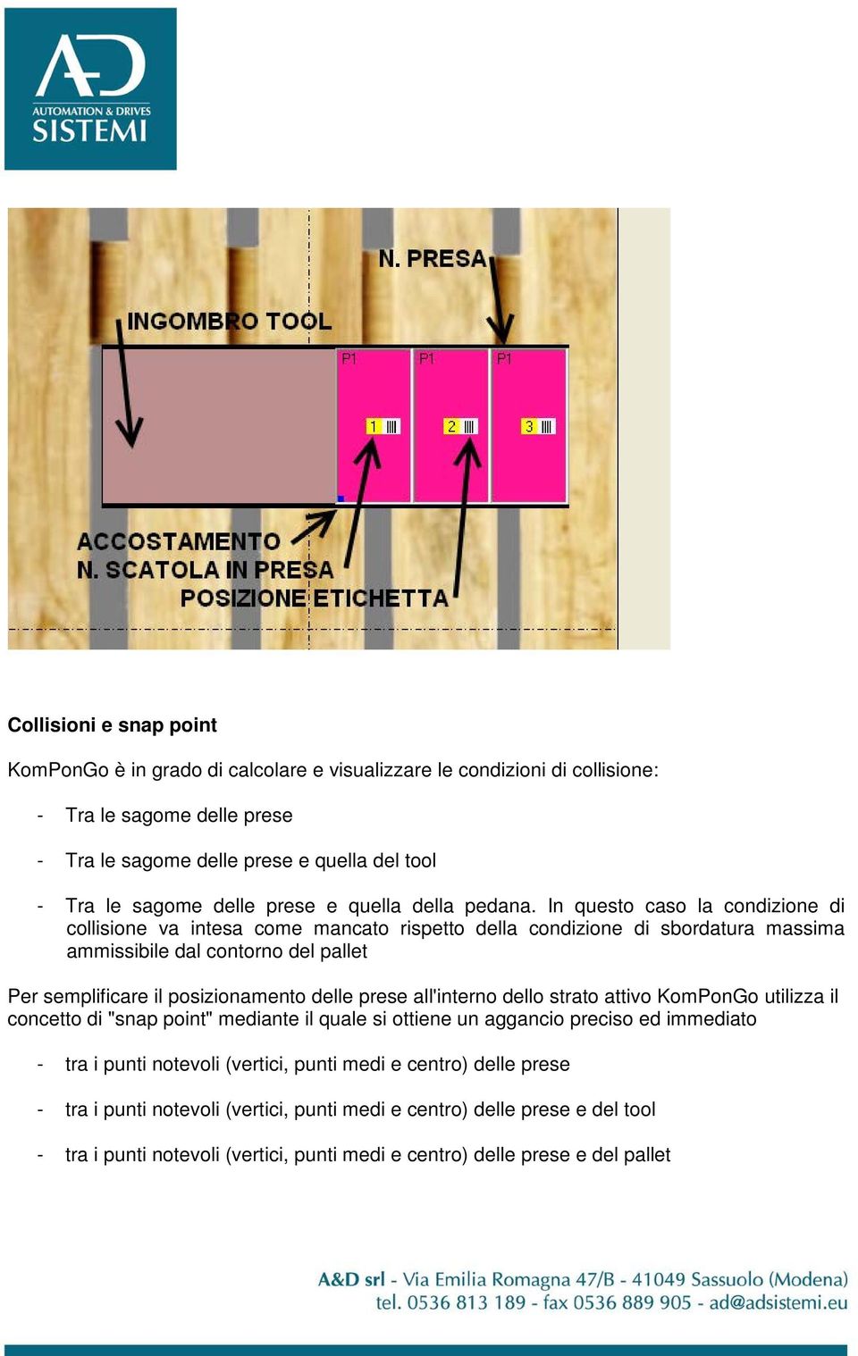 In questo caso la condizione di collisione va intesa come mancato rispetto della condizione di sbordatura massima ammissibile dal contorno del pallet Per semplificare il posizionamento delle