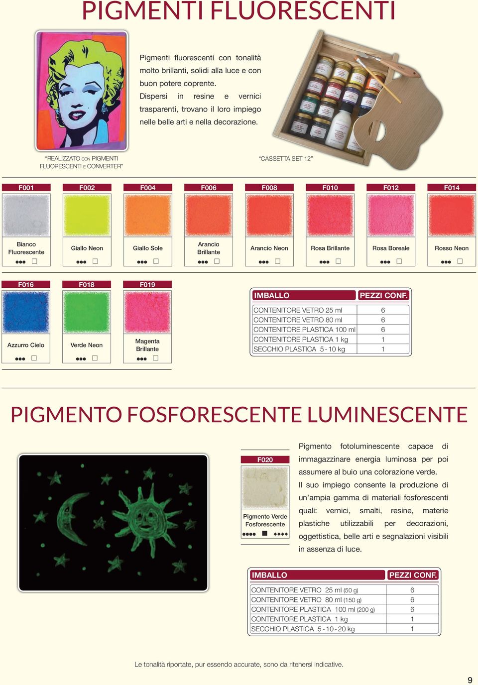 realizzato con pigmenti FLUOrESCENti e CONVErter cassetta set 2 F00 F002 F004 F00 F008 F00 F02 F04 Bianco Fluorescente Giallo Neon Giallo Sole Arancio Brillante Arancio Neon Rosa Brillante Rosa