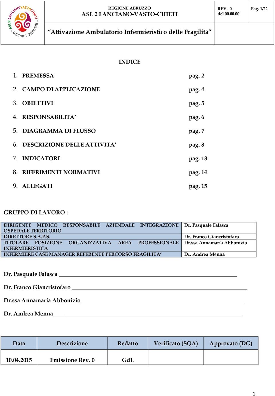 ONSABILE AZIENDALE INTEGRAZIONE OSPEDALE TERRITORIO DIRETTORE S.A.P.S. TITOLARE POSIZIONE ORGANIZZATIVA AREA PROFESSIONALE INFERMIERISTICA INFERMIERE CASE MANAGER REFERENTE PERCORSO FRAGILITA Dr.