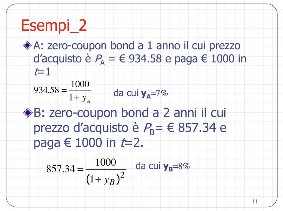 58 e paga 1000 in t=1 1000 934,58 = 1 + da cui y A =7% y A B: