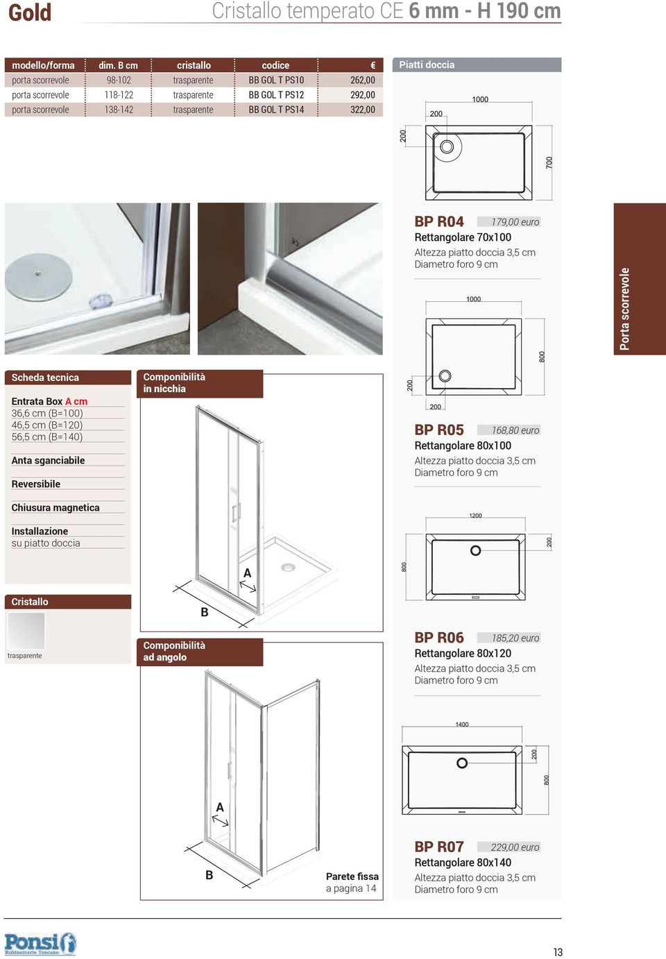 179,00 euro Altezza piatto doccia 3,5 cm Diametro foro 9 cm Porta scorrevole Scheda tecnica Entrata Box A cm 36,6 cm (B=100) 46,5 cm (B=120) 56,5 cm (B=140) Anta sganciabile Reversibile Chiusura