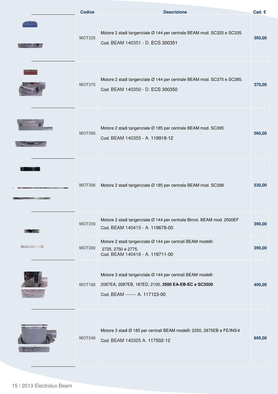 SC395 Cod. BEAM 140355 - A. 119918-12 560,00 MOT398 Motore 2 stadi tangenziale Ø 185 per centrale BEAM mod. SC398 530,00 MOT250 Motore 2 stadi tangenziale Ø 144 per centrale Bimot. BEAM mod. 2500EF Cod.