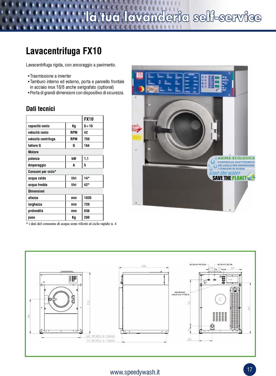 Dati tecnici FX10 capacità cesto Kg 8 10 velocità cesto RPM 42 velocità centrifuga RPM 750 fattore G G 164 Motore potenza kw 1,1 Amperaggio A 5 Consumi per ciclo* acqua calda litri 14*