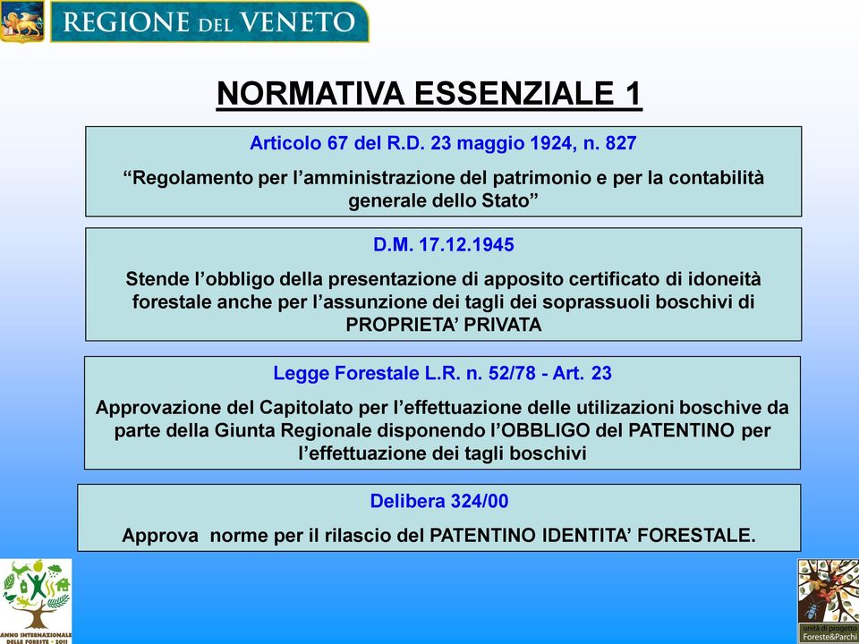 1945 Stende l obbligo della presentazione di apposito certificato di idoneità forestale anche per l assunzione dei tagli dei soprassuoli boschivi di PROPRIETA