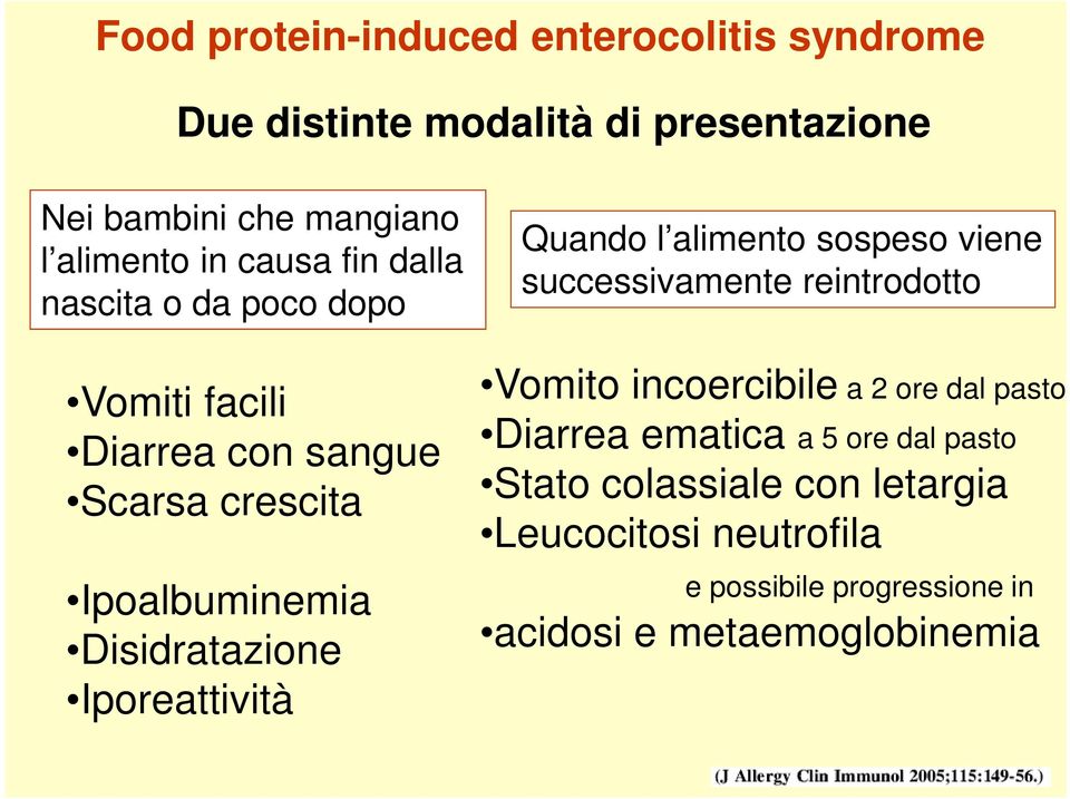 Iporeattività Quando l alimento sospeso viene successivamente reintrodotto Vomito incoercibile a 2 ore dal pasto Diarrea