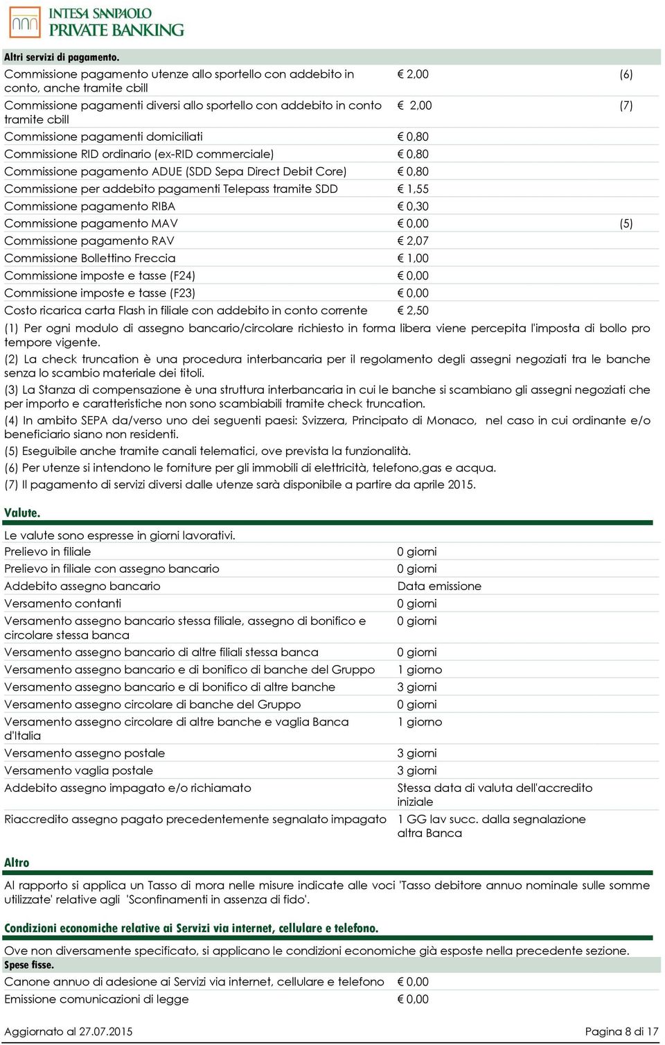 domiciliati 0,80 Commissione RID ordinario (ex-rid commerciale) 0,80 Commissione pagamento ADUE (SDD Sepa Direct Debit Core) 0,80 Commissione per addebito pagamenti Telepass tramite SDD 1,55