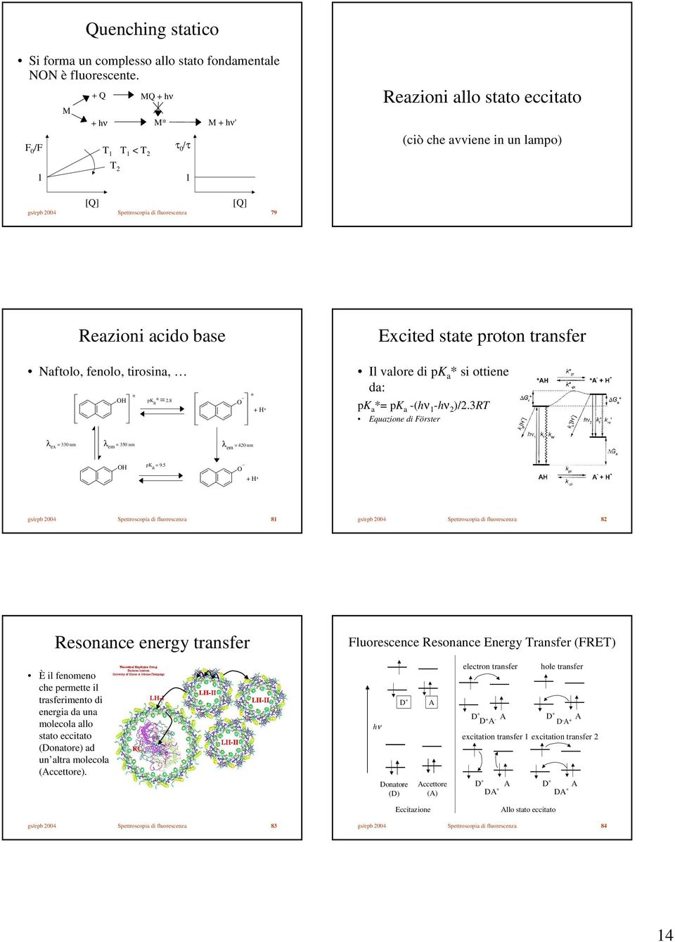 aftolo, fenolo, tirosina, * * pk a * = 2.8 + + Excited state proton transfer Il valore di pk a * si ottiene da: pk a *= pk a -(hν 1 -hν 2 )/2.