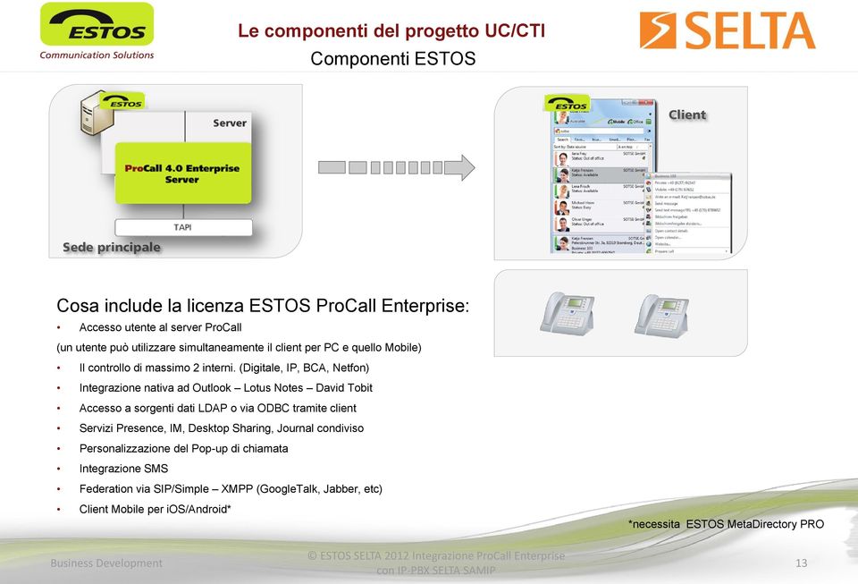 (Digitale, IP, BCA, Netfon) Integrazione nativa ad Outlook Lotus Notes David Tobit Accesso a sorgenti dati LDAP o via ODBC tramite client Servizi Presence,