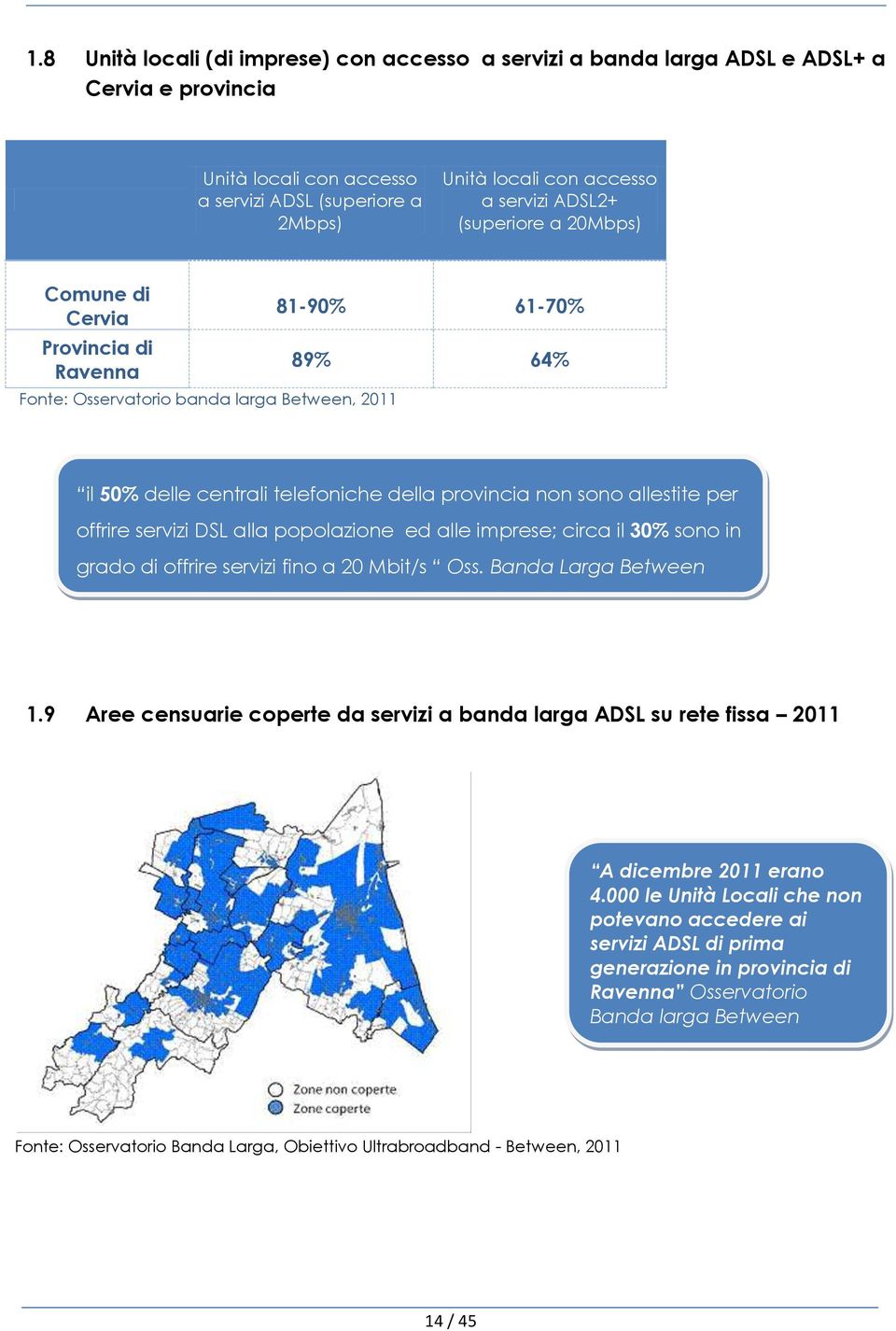 allestite per offrire servizi DSL alla popolazione ed alle imprese; circa il 30% sono in grado di offrire servizi fino a 20 Mbit/s Oss. Banda Larga Between 1.