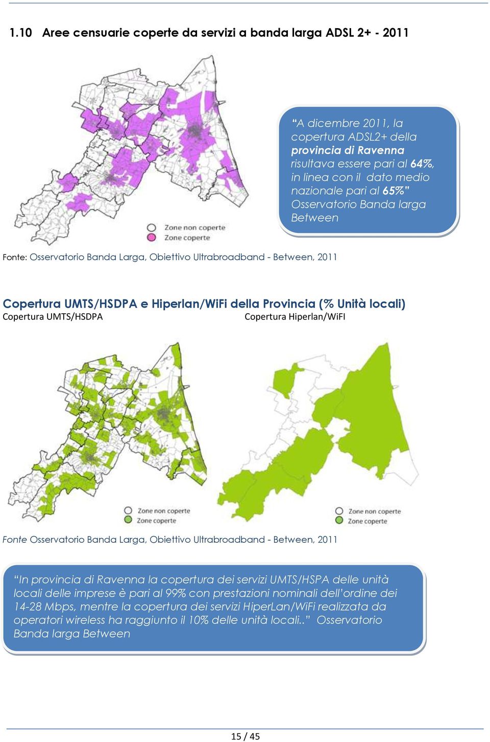 UMTS/HSDPA Copertura Hiperlan/WiFI Fonte Osservatorio Banda Larga, Obiettivo Ultrabroadband - Between, 2011 In provincia di Ravenna la copertura dei servizi UMTS/HSPA delle unità locali delle imprese