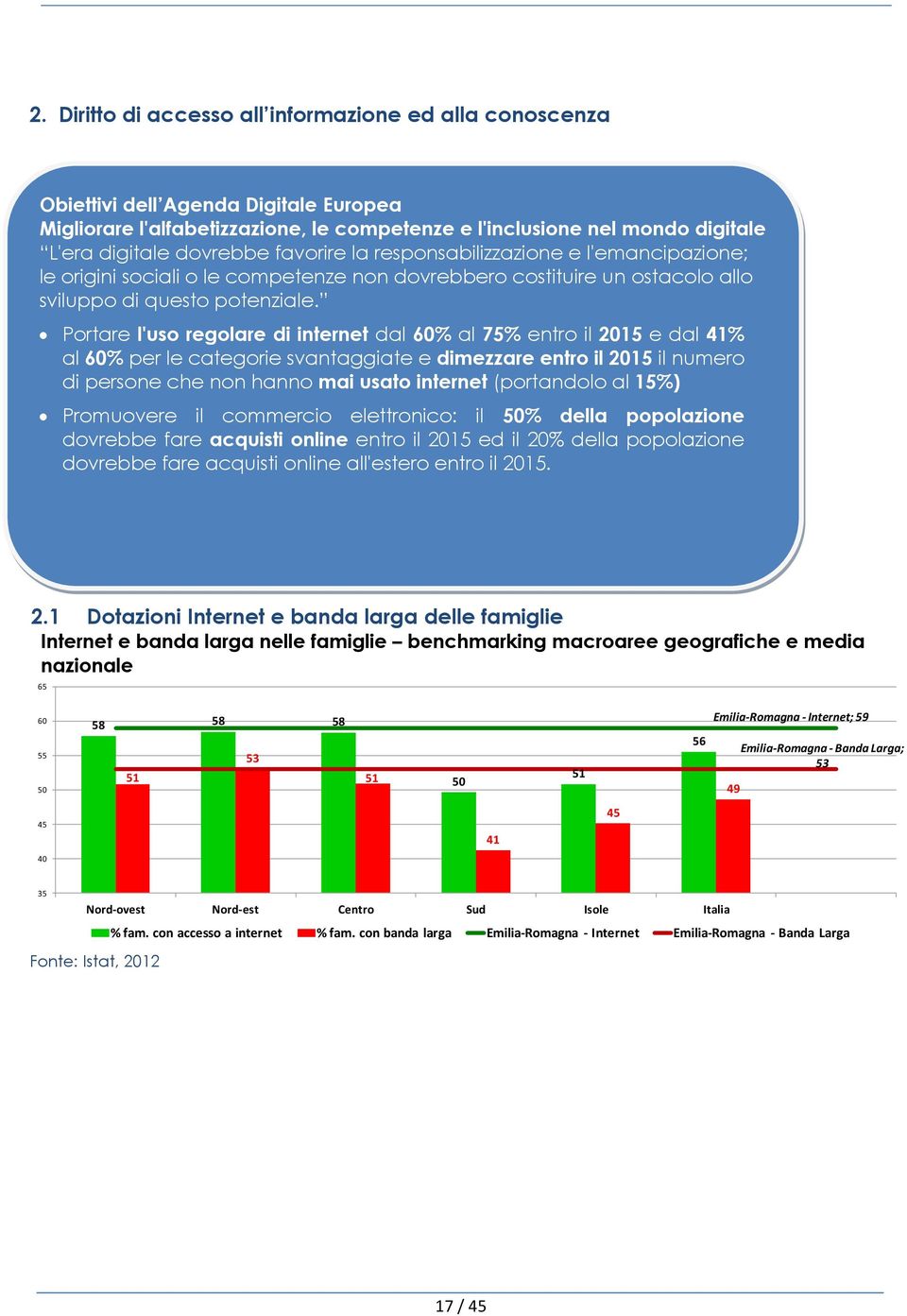 Portare l'uso regolare di internet dal 60% al 75% entro il 2015 e dal 41% al 60% per le categorie svantaggiate e dimezzare entro il 2015 il numero di persone che non hanno mai usato internet