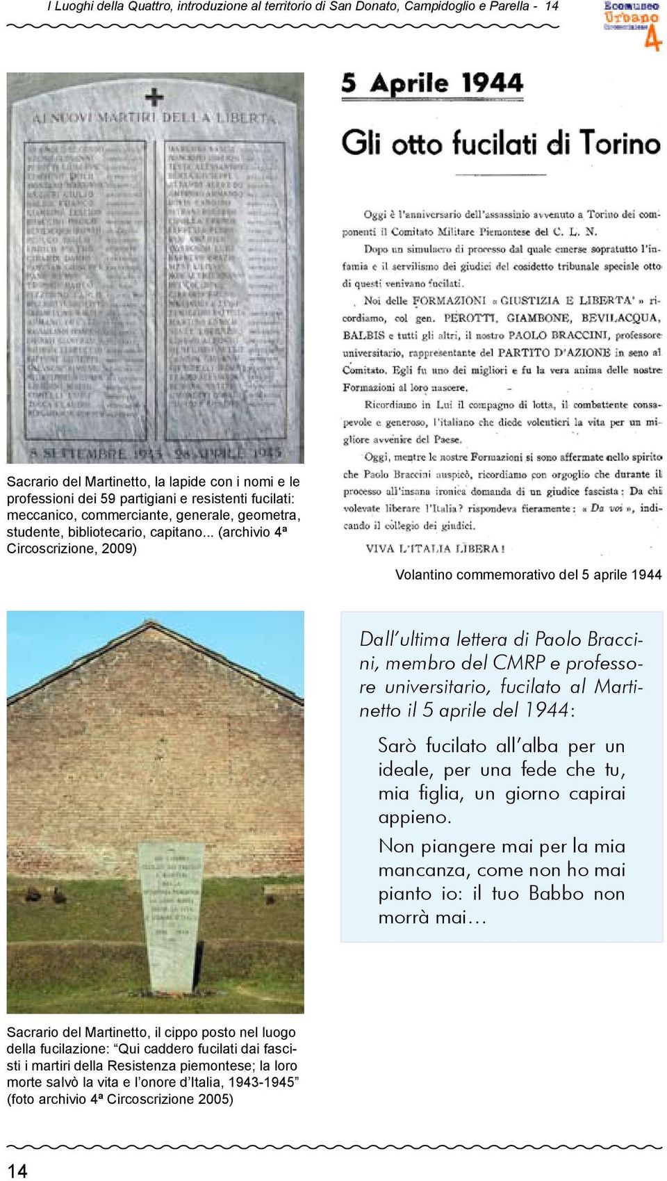 .. (archivio 4ª Circoscrizione, 2009) Volantino commemorativo del 5 aprile 1944 Dall ultima lettera di Paolo Braccini, membro del CMRP e professore universitario, fucilato al Martinetto il 5 aprile