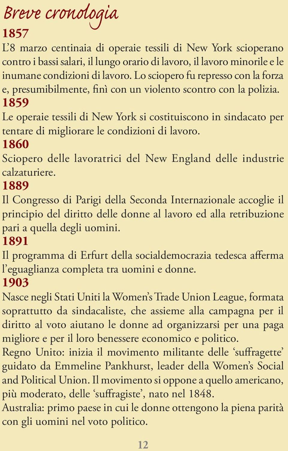 1859 Le operaie tessili di New York si costituiscono in sindacato per tentare di migliorare le condizioni di lavoro. 1860 Sciopero delle lavoratrici del New England delle industrie calzaturiere.