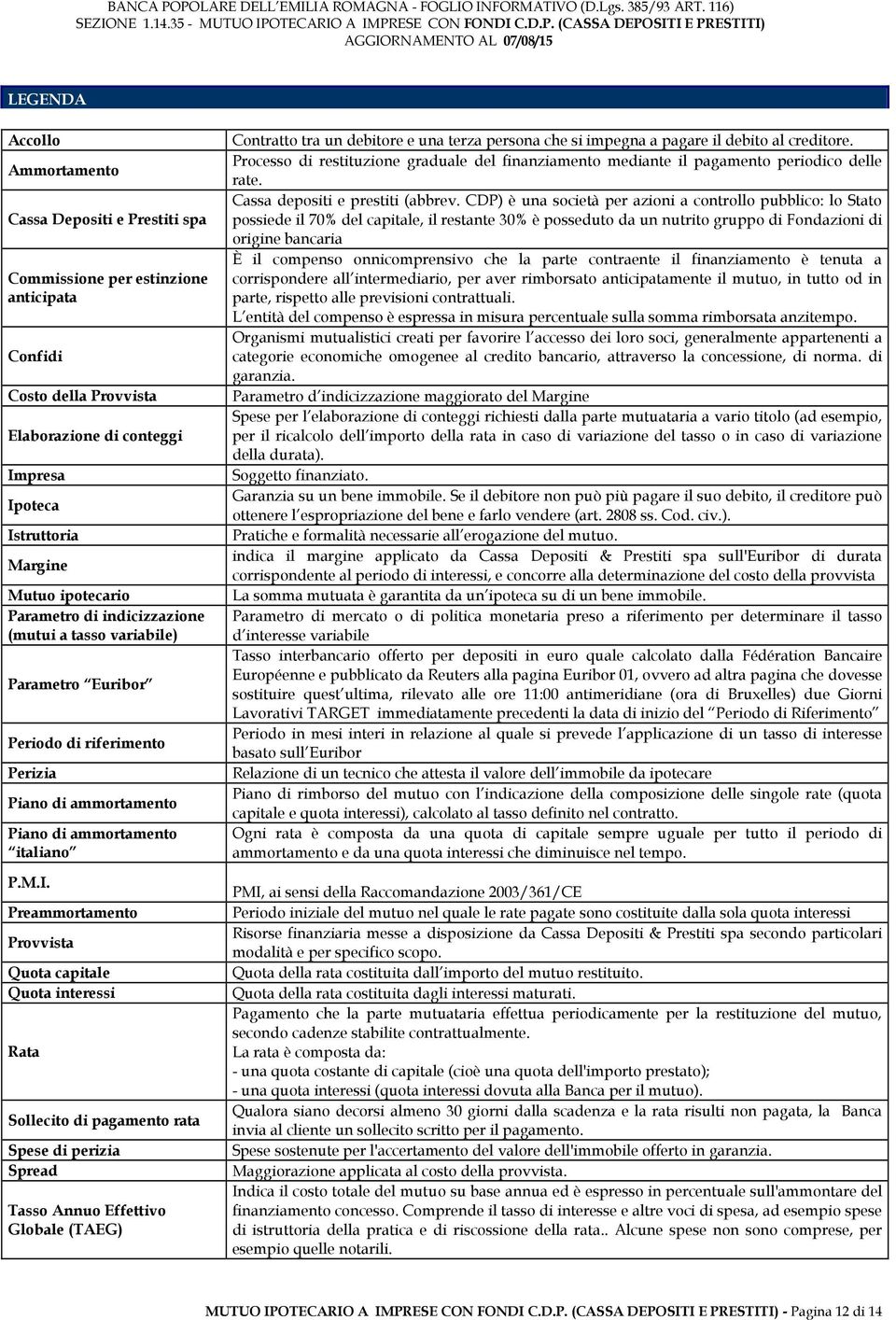 Preammortamento Provvista Quota capitale Quota interessi Rata Sollecito di pagamento rata Spese di perizia Spread Tasso Annuo Effettivo Globale (TAEG) Contratto tra un debitore e una terza persona