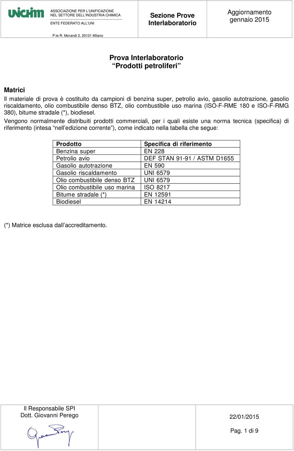 Vengono normalmente distribuiti prodotti commerciali, per i quali esiste una norma tecnica (specifica) di riferimento (intesa nell edizione corrente ), come indicato nella tabella che segue: Prodotto