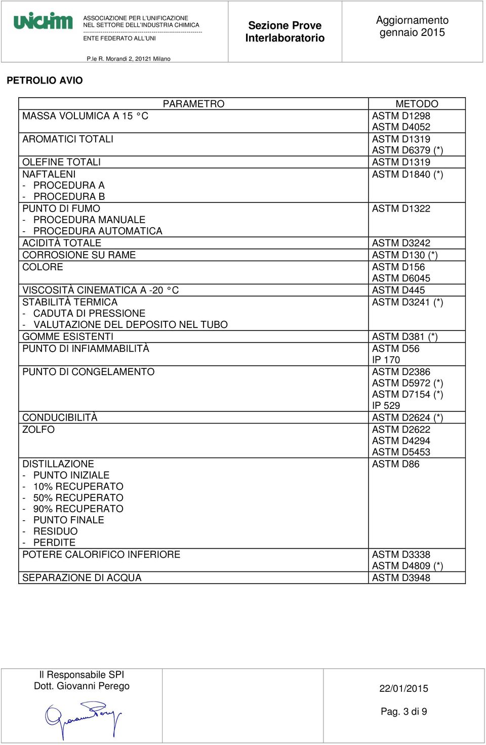 VALUTAZIONE DEL DEPOSITO NEL TUBO GOMME ESISTENTI ASTM D381 (*) PUNTO DI INFIAMMABILITÀ ASTM D56 IP 170 PUNTO DI CONGELAMENTO ASTM D2386 ASTM D5972 (*) ASTM D7154 (*) IP 529 CONDUCIBILITÀ ASTM D2624