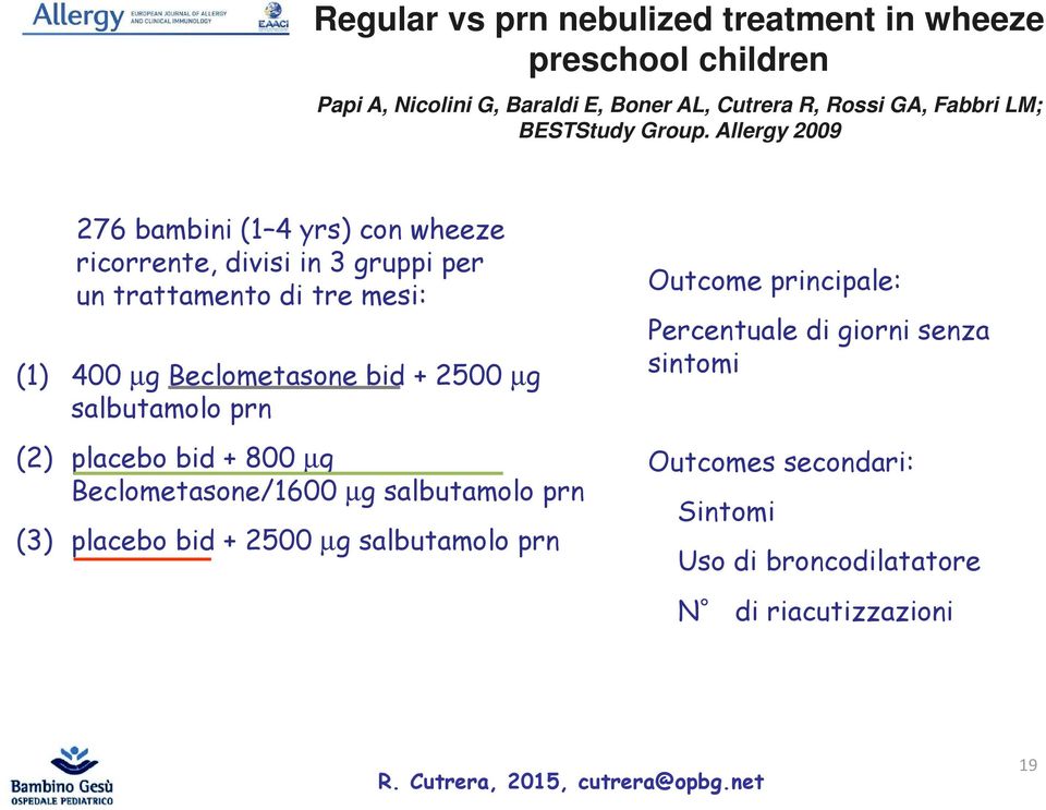 Allergy 2009 276 bambini (1 4 yrs) con wheeze ricorrente, divisi in 3 gruppi per un trattamento di tre mesi: (1) 400 µg Beclometasone bid + 2500 µg