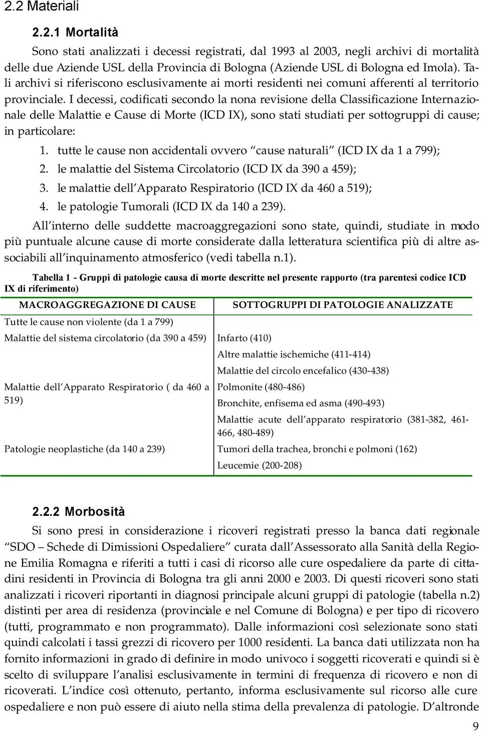 I decessi, codificati secondo la nona revisione della Classificazione Internazionale delle Malattie e Cause di Morte (ICD IX), sono stati studiati per sottogruppi di cause; in particolare: 1.